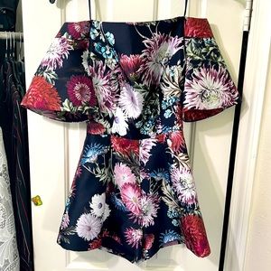 KEEPSAKE THE LABEL Off the Shoulder Pockets Dark Floral Print romper